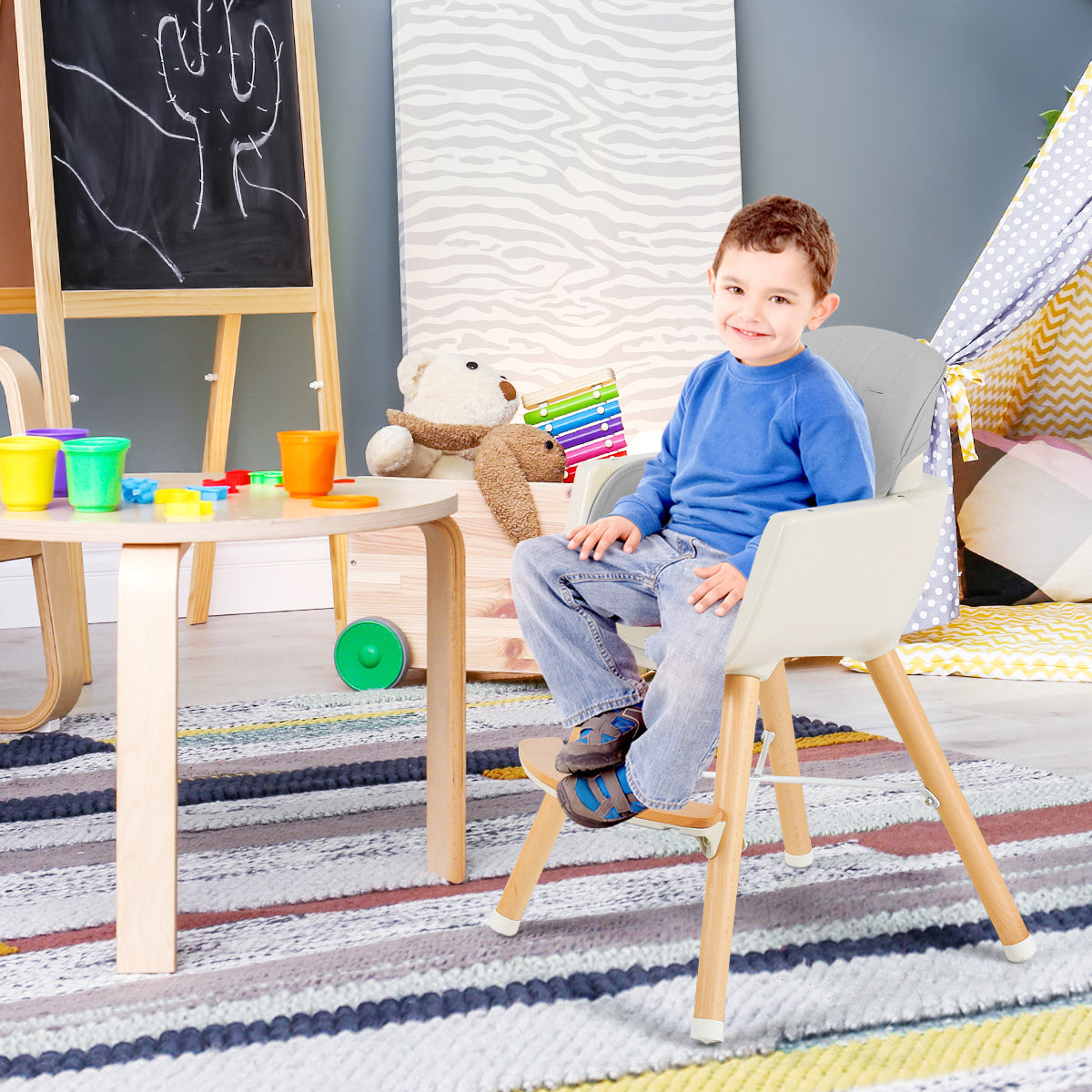 3 in 1 Wooden Convertible Baby High Chair with Removable Tray