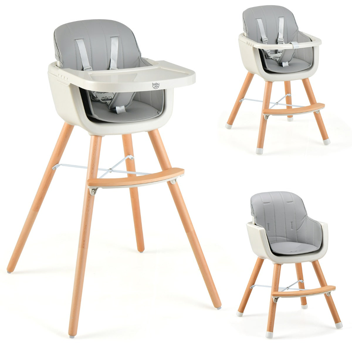 3 in 1 Wooden Convertible Baby High Chair with Removable Tray