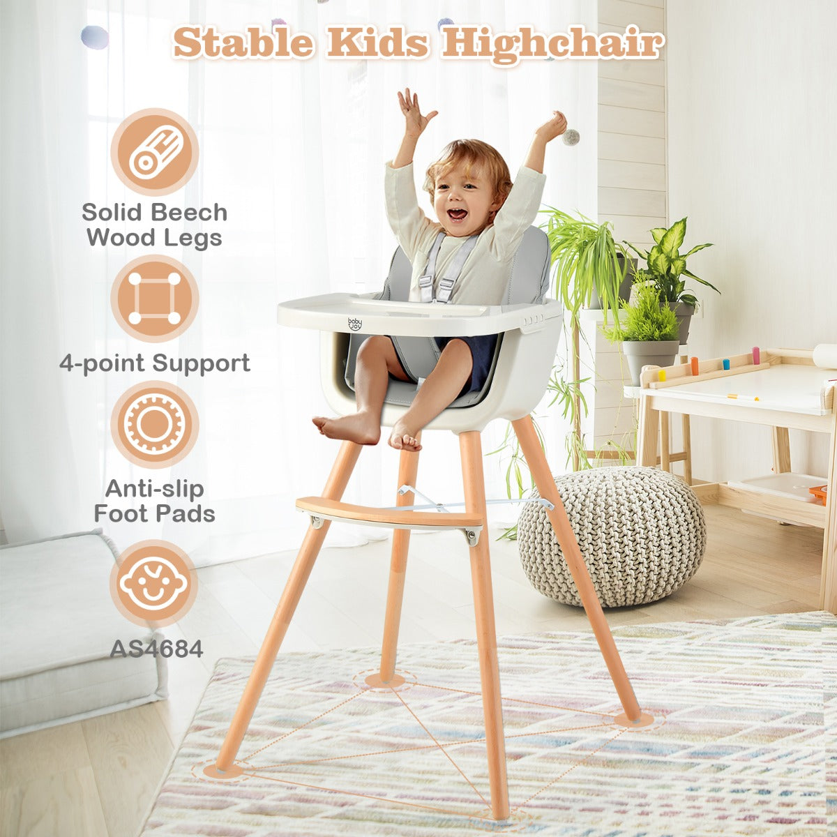 3 in 1 Wooden Convertible Baby High Chair with Removable Tray