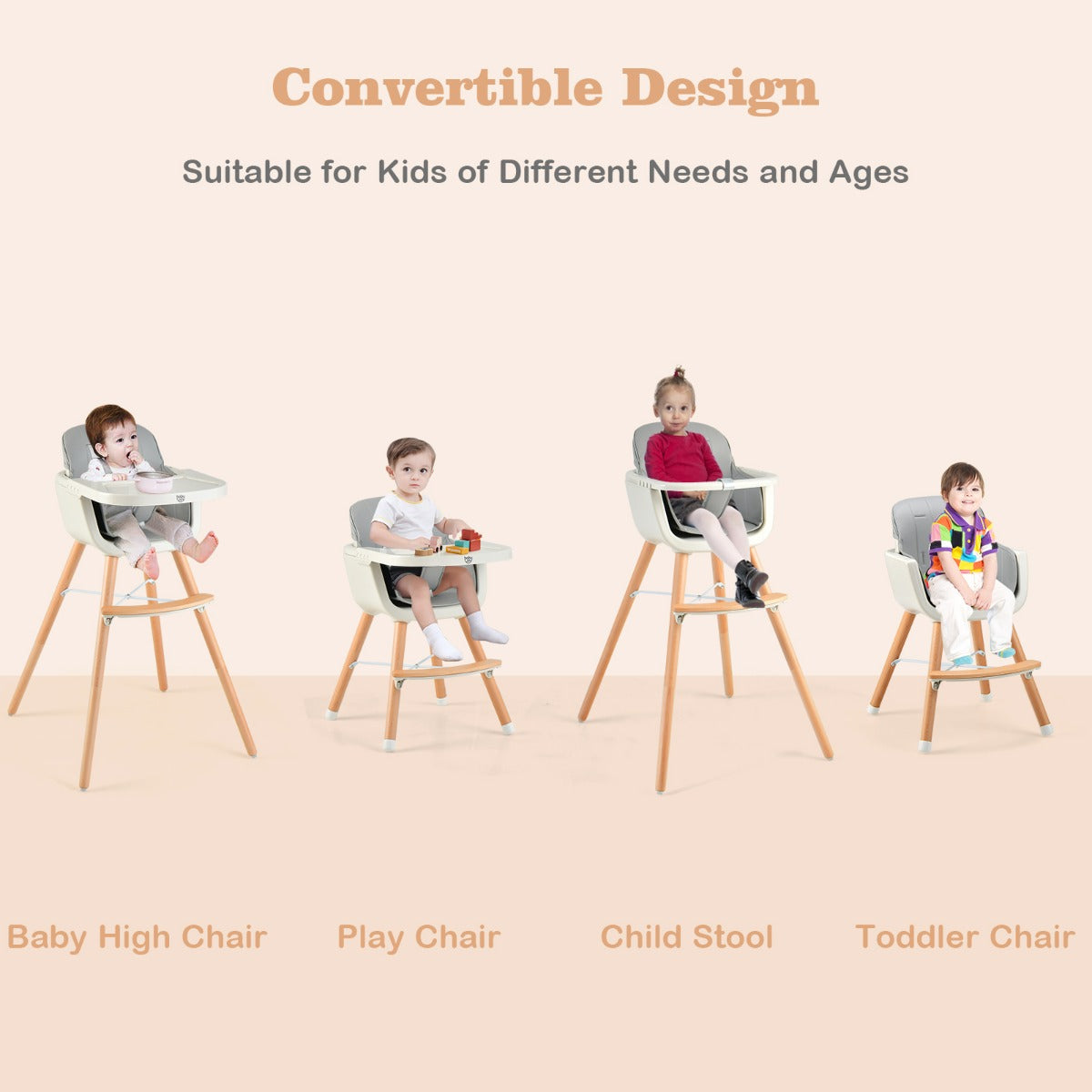 3 in 1 Wooden Convertible Baby High Chair with Removable Tray