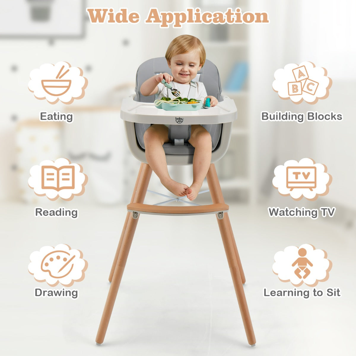 3 in 1 Wooden Convertible Baby High Chair with Removable Tray