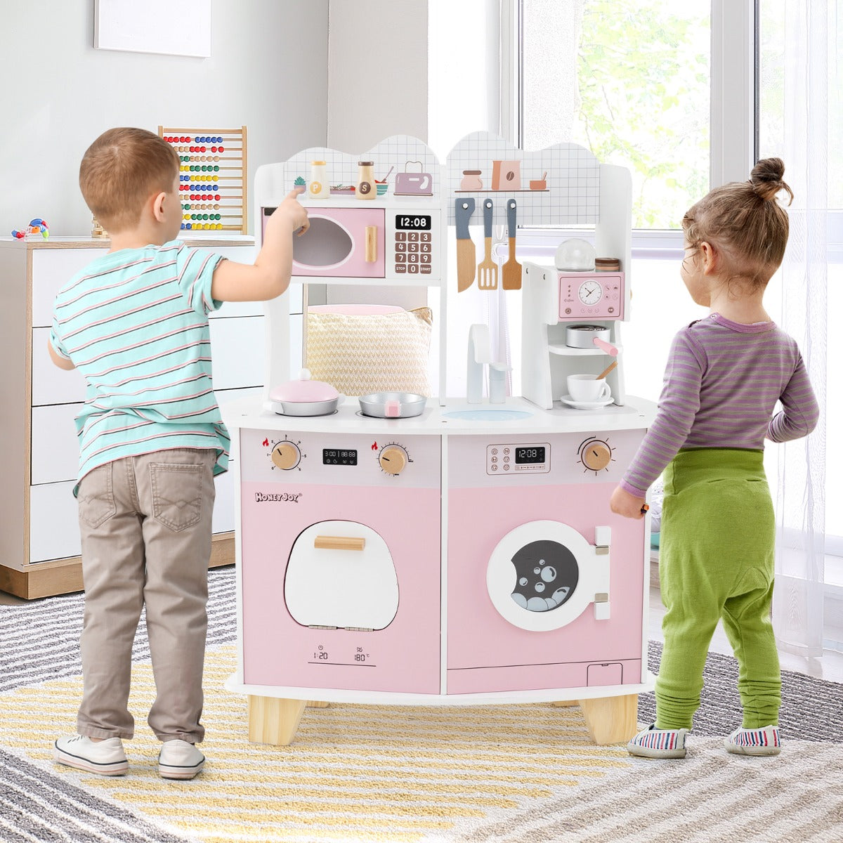 All-in-1 Wooden Kids Pretend Kitchen Playset with Coffee Maker Microwave