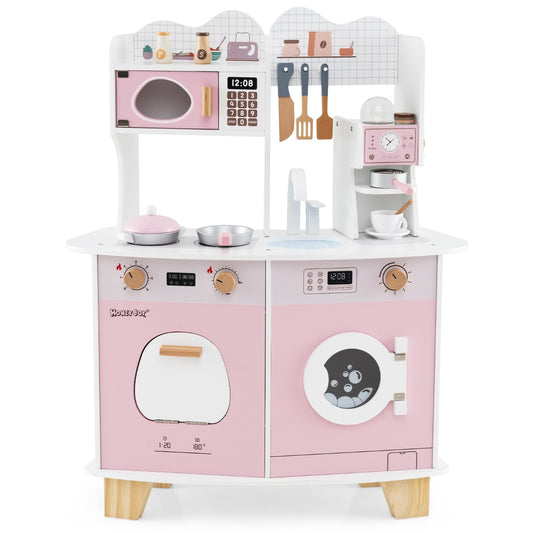 All-in-1 Wooden Kids Pretend Kitchen Playset with Coffee Maker Microwave