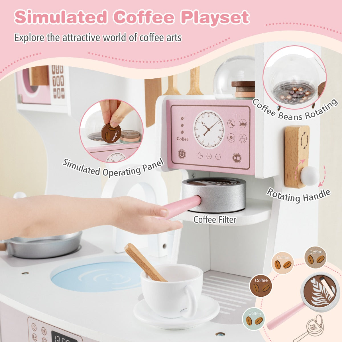 All-in-1 Wooden Kids Pretend Kitchen Playset with Coffee Maker Microwave