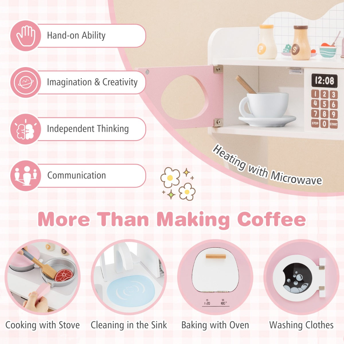 All-in-1 Wooden Kids Pretend Kitchen Playset with Coffee Maker Microwave