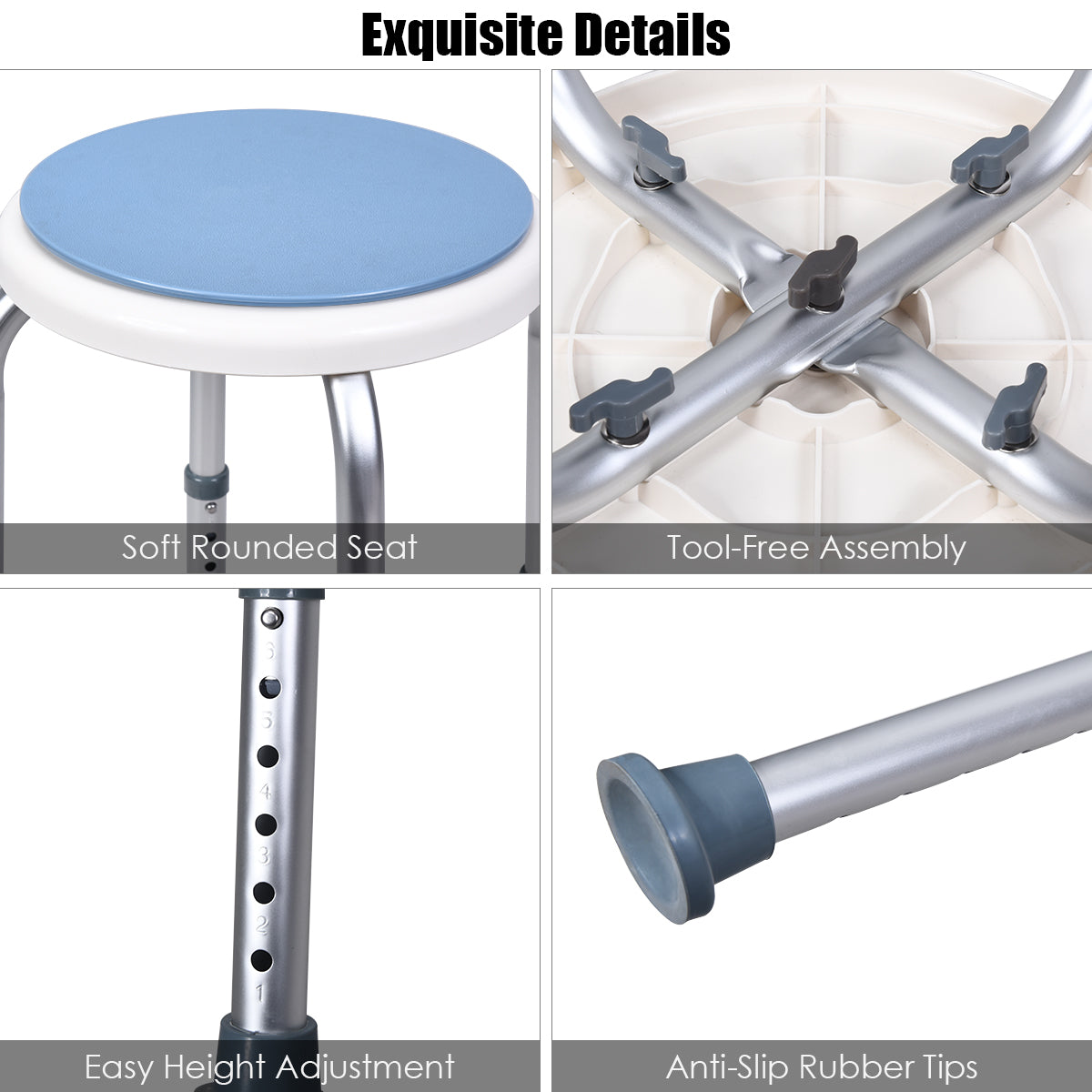 360° Rotating Shower Stool with 6 Height & Anti-Slip Rubber Tips