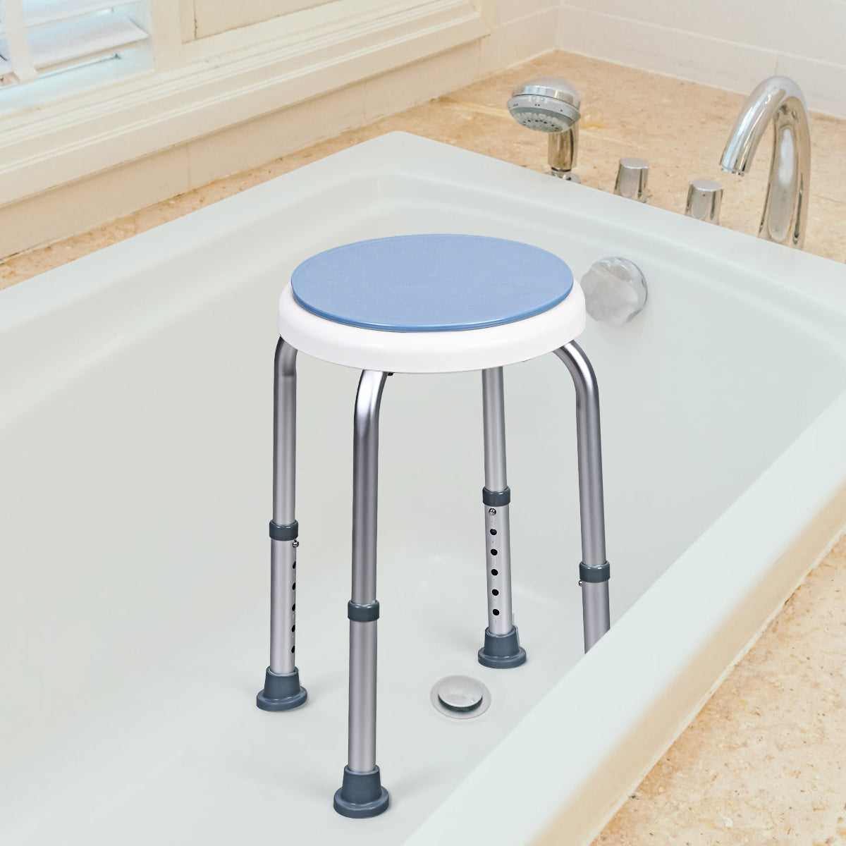 360° Rotating Shower Stool with 6 Height & Anti-Slip Rubber Tips