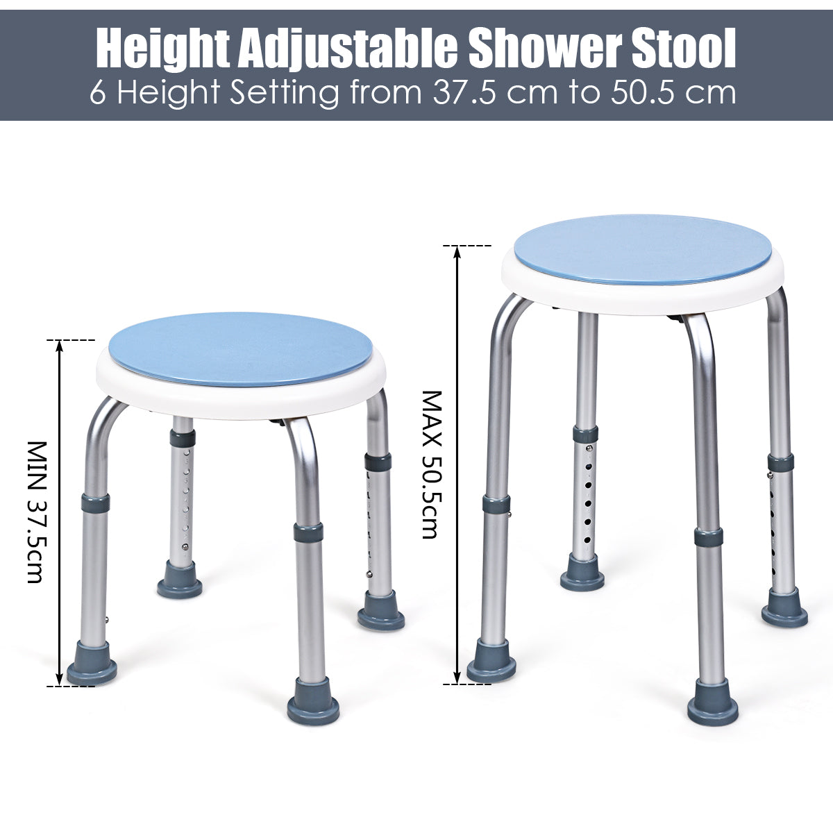 360° Rotating Shower Stool with 6 Height & Anti-Slip Rubber Tips