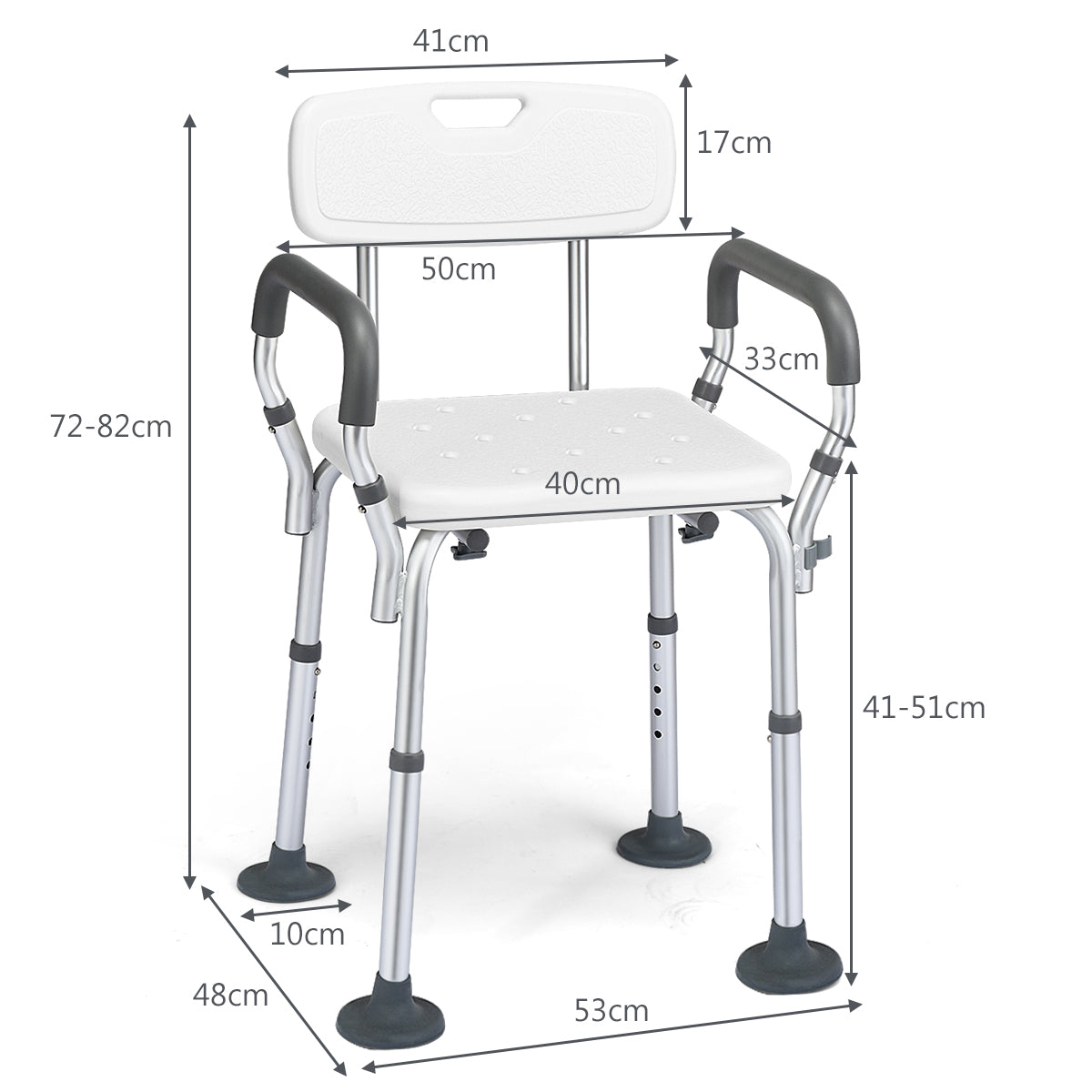 Non-Slip Height Adjustable Shower Chair with Removable Back and Padded Arms