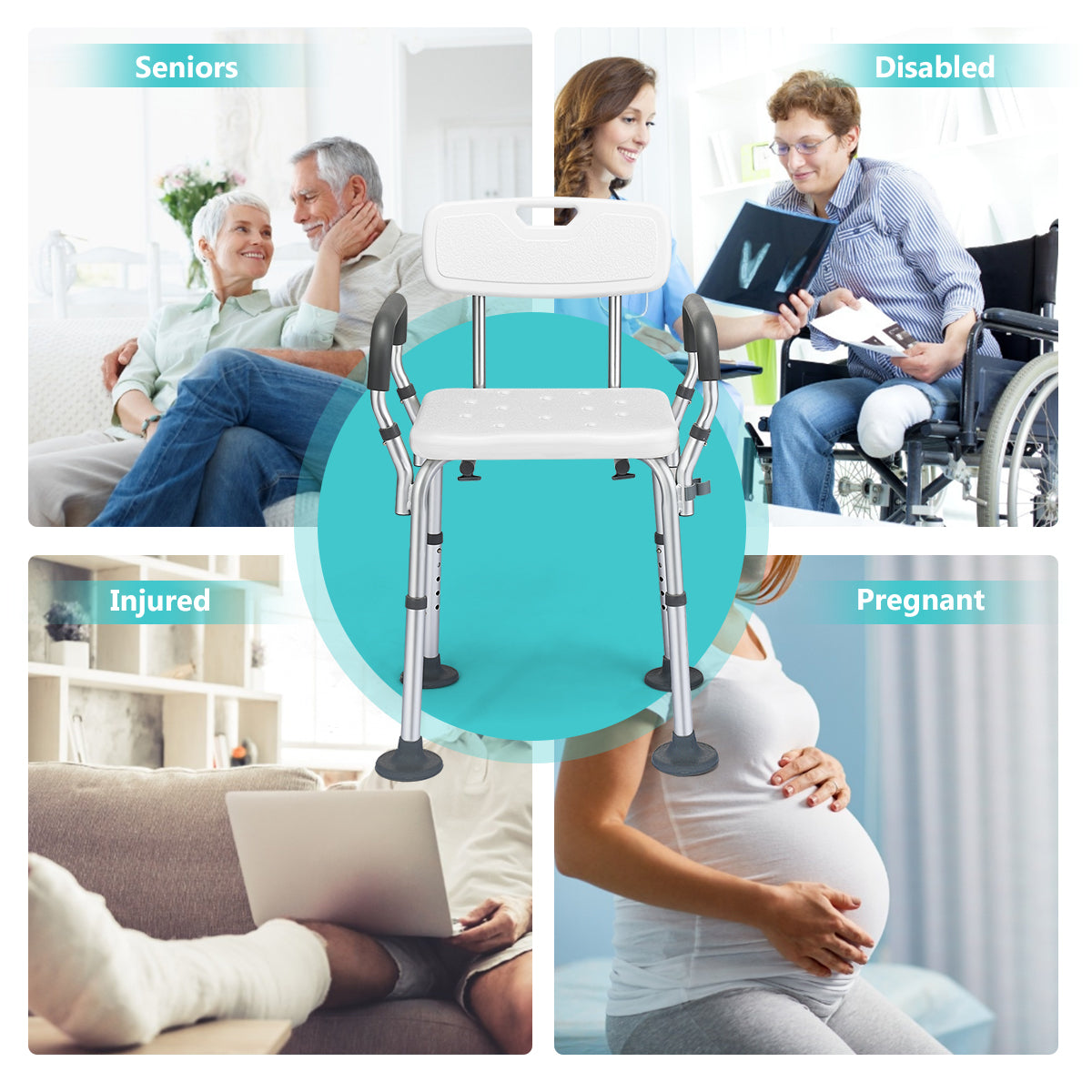 Non-Slip Height Adjustable Shower Chair with Removable Back and Padded Arms