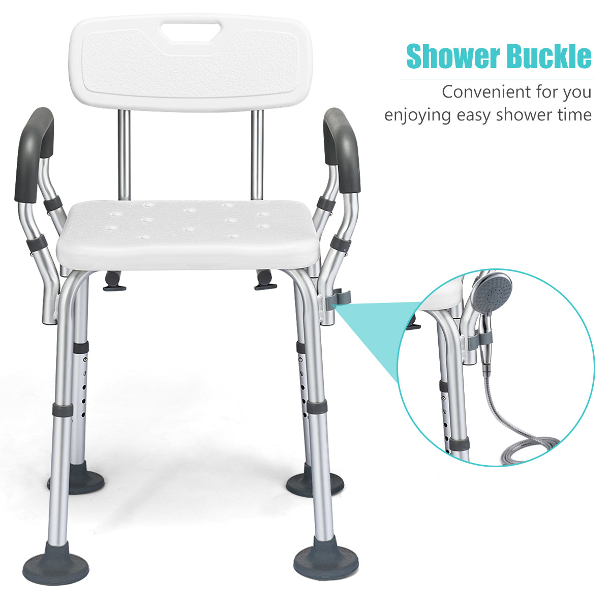 Non-Slip Height Adjustable Shower Chair with Removable Back and Padded Arms