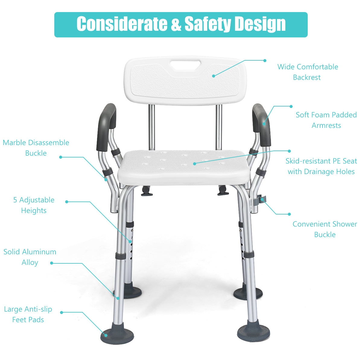 Non-Slip Height Adjustable Shower Chair with Removable Back and Padded Arms