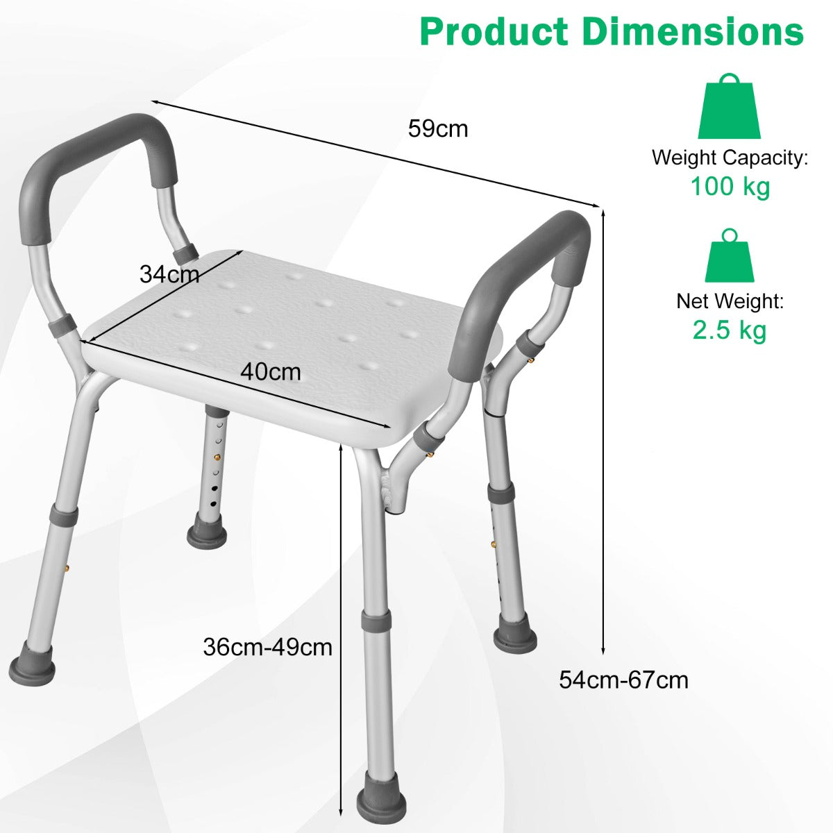 Bath Chair Shower Bench with Detachable Padded Arms for Seniors