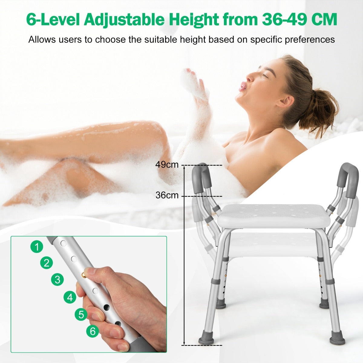 Bath Chair Shower Bench with Detachable Padded Arms for Seniors