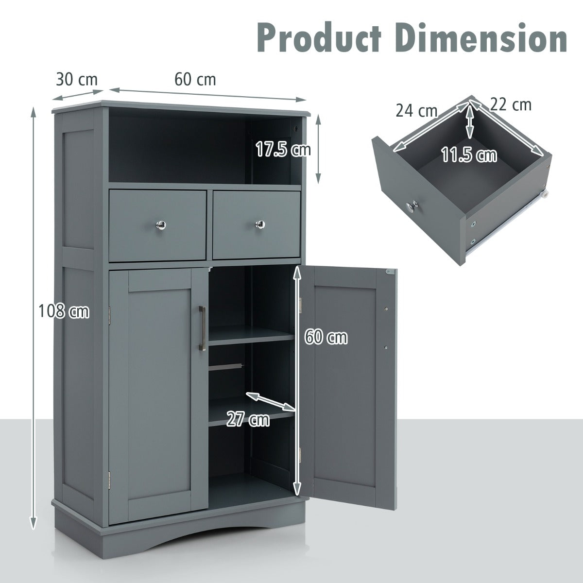 Bathroom Floor Cabinet with 2 Adjustable Shelves