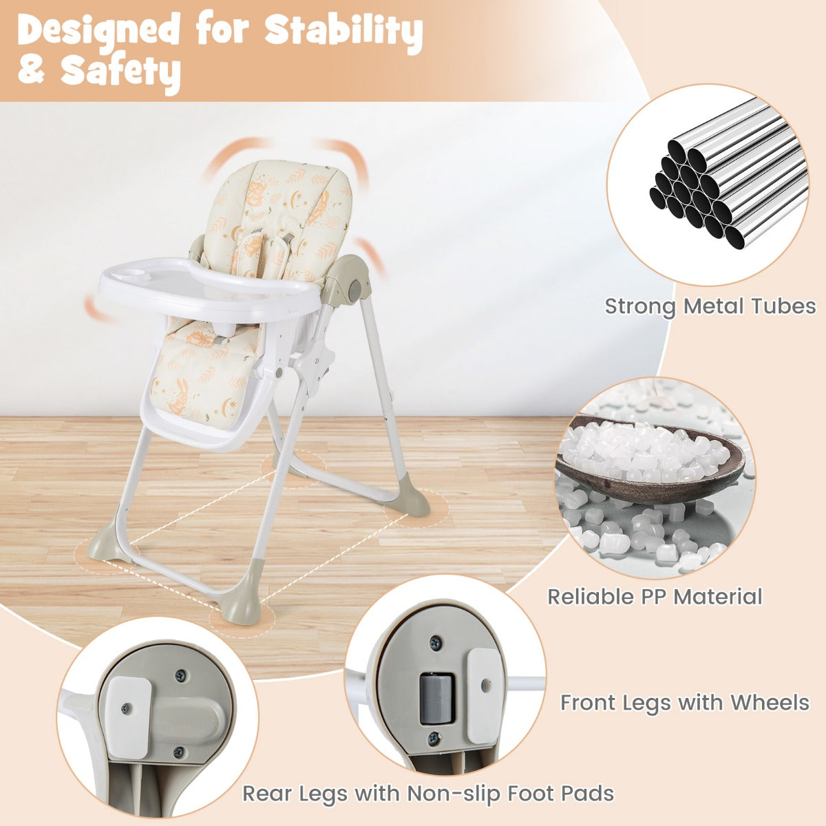 Baby Foldable Convertible High Chair with Adjustable Height Recline