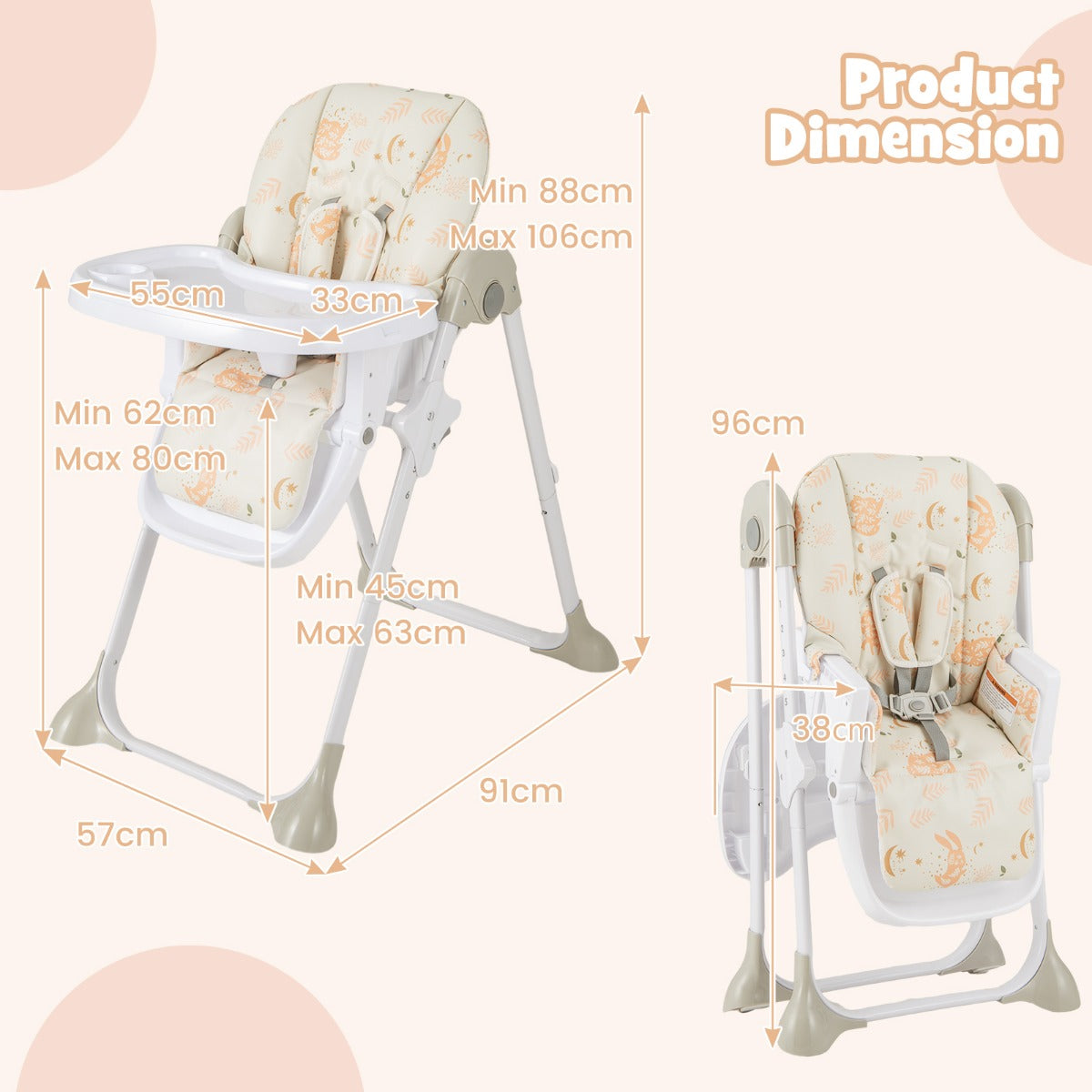 Baby Foldable Convertible High Chair with Adjustable Height Recline