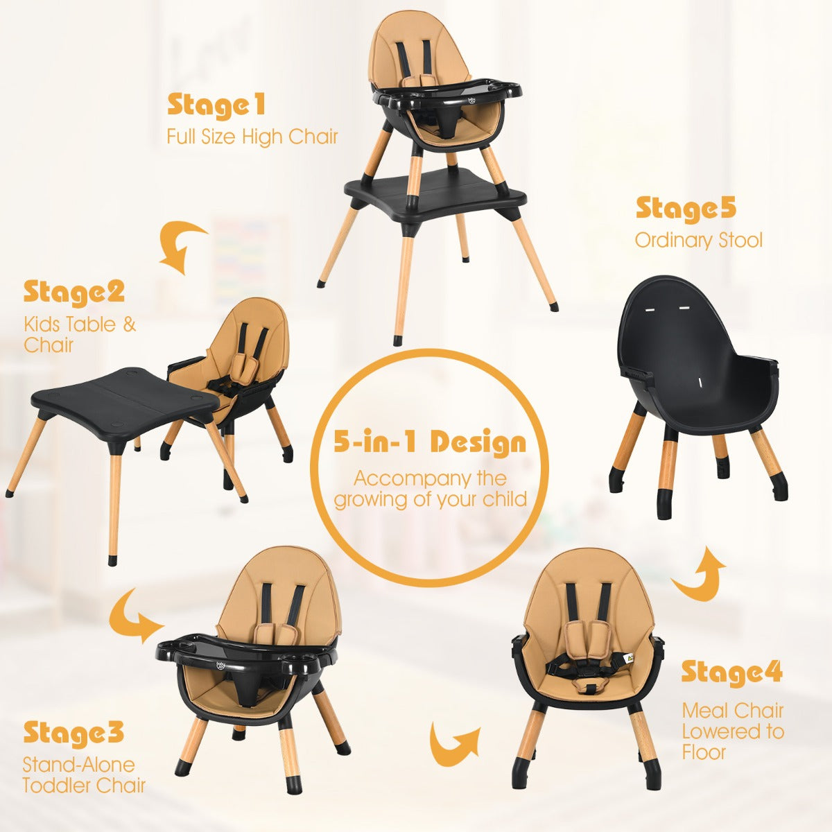 5-in-1 Convertible Wooden High Chair for Toddlers