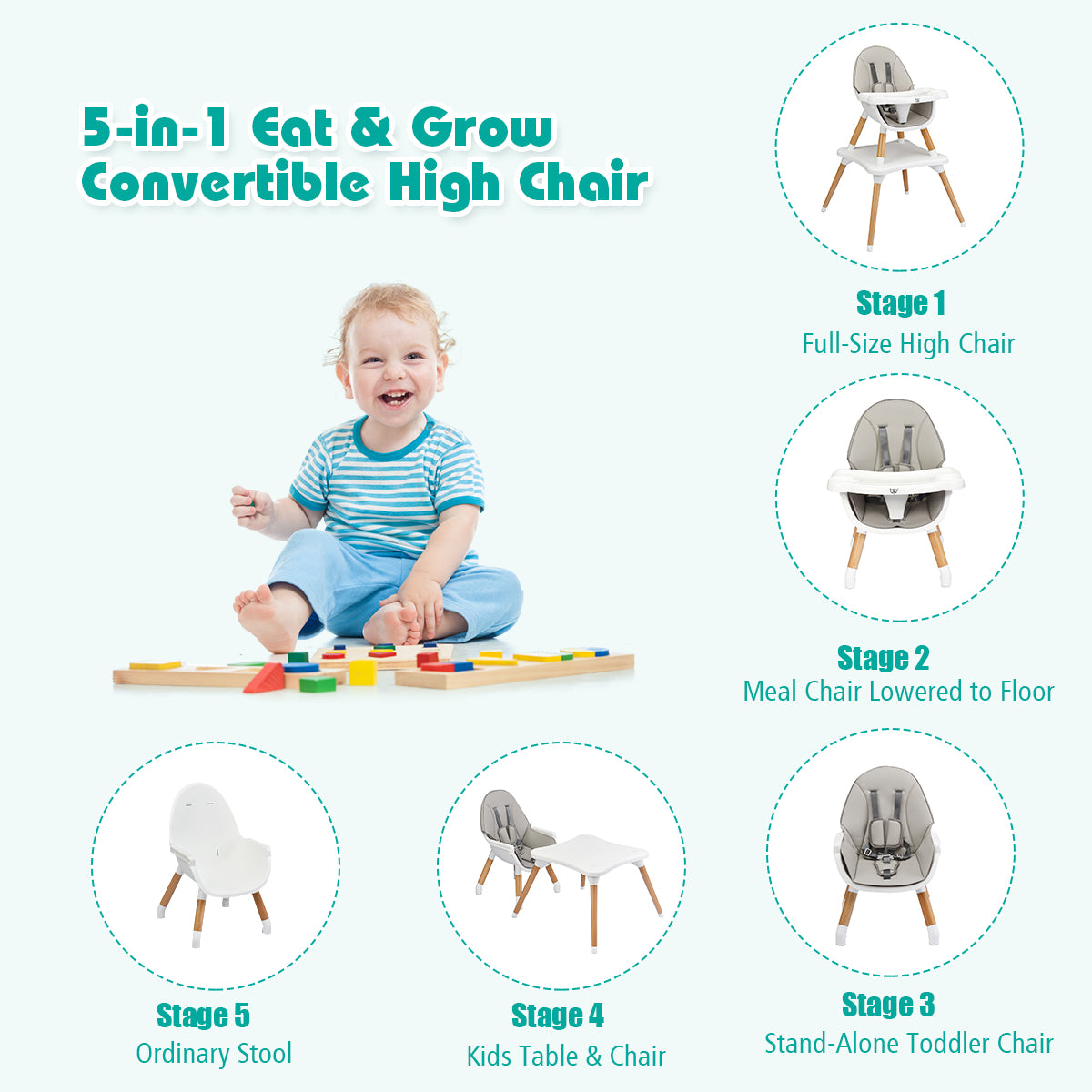 5-in-1 Convertible Wooden High Chair for Toddlers