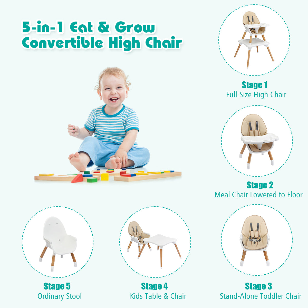 5-in-1 Convertible Wooden High Chair for Toddlers