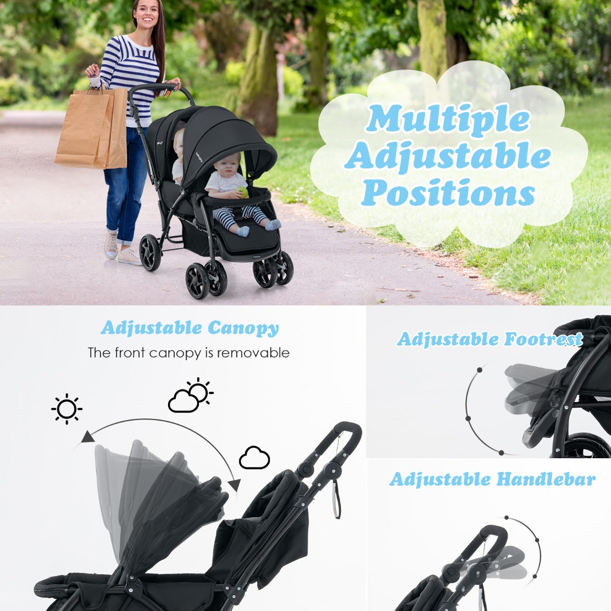 Folding Double Baby Stroller with Tandem Seating &amp; Canopy for Toddlers