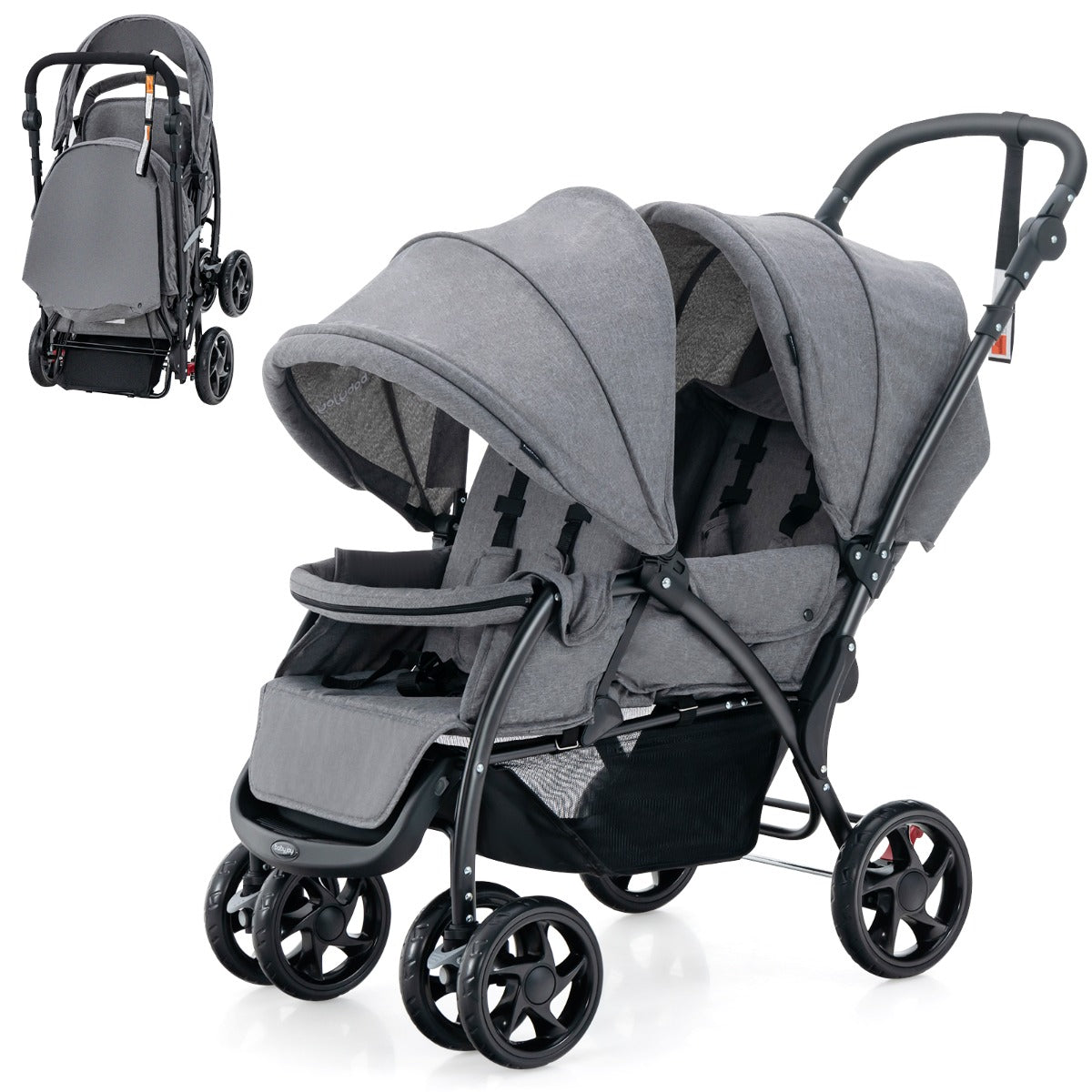 Folding Double Baby Stroller with Tandem Seating &amp; Canopy for Toddlers