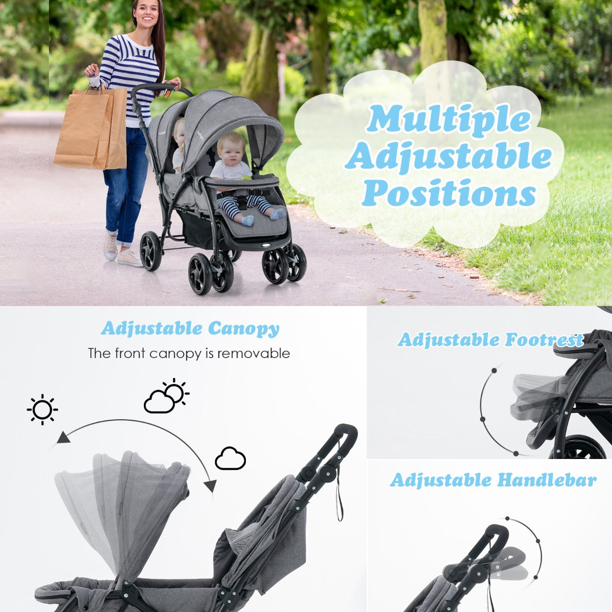 Folding Double Baby Stroller with Tandem Seating &amp; Canopy for Toddlers