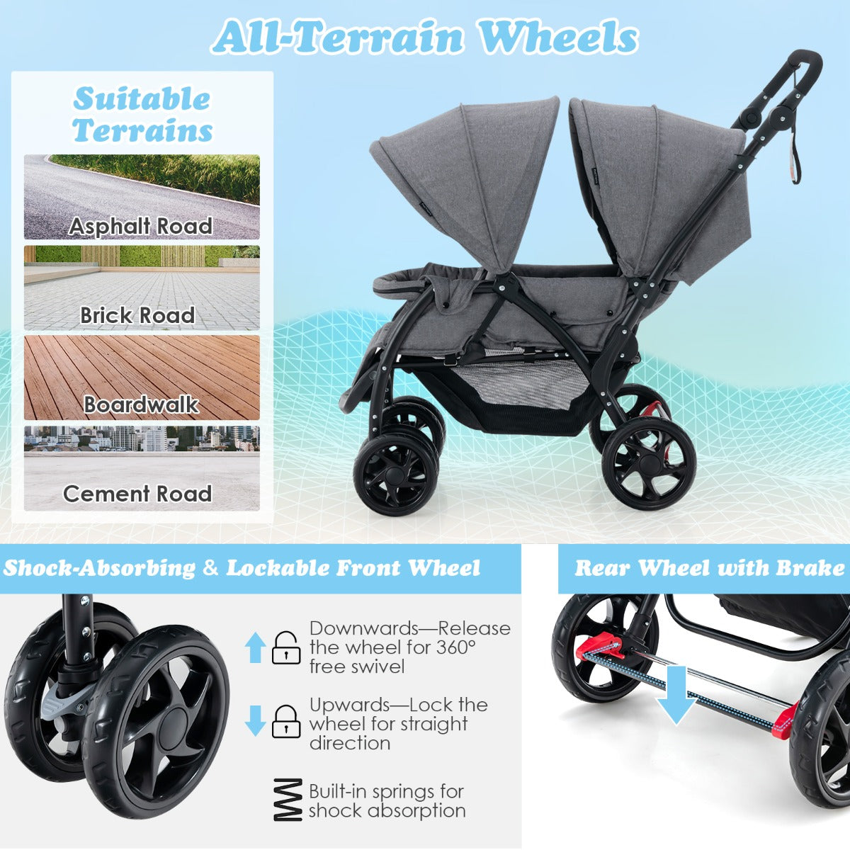 Folding Double Baby Stroller with Tandem Seating &amp; Canopy for Toddlers