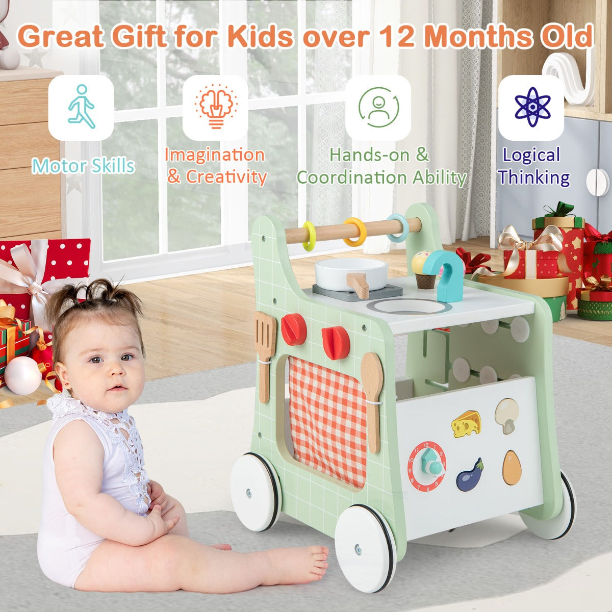 6-in-1 Toddler Push and Pull Walker with Play Kitchen for Kids