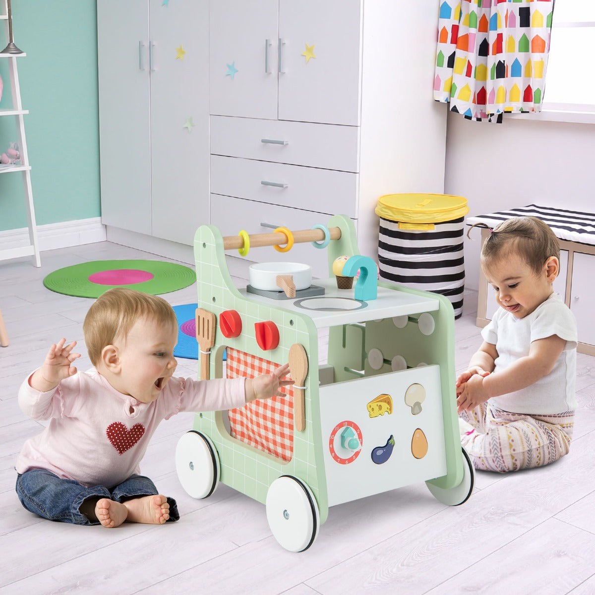 6-in-1 Toddler Push and Pull Walker with Play Kitchen for Kids