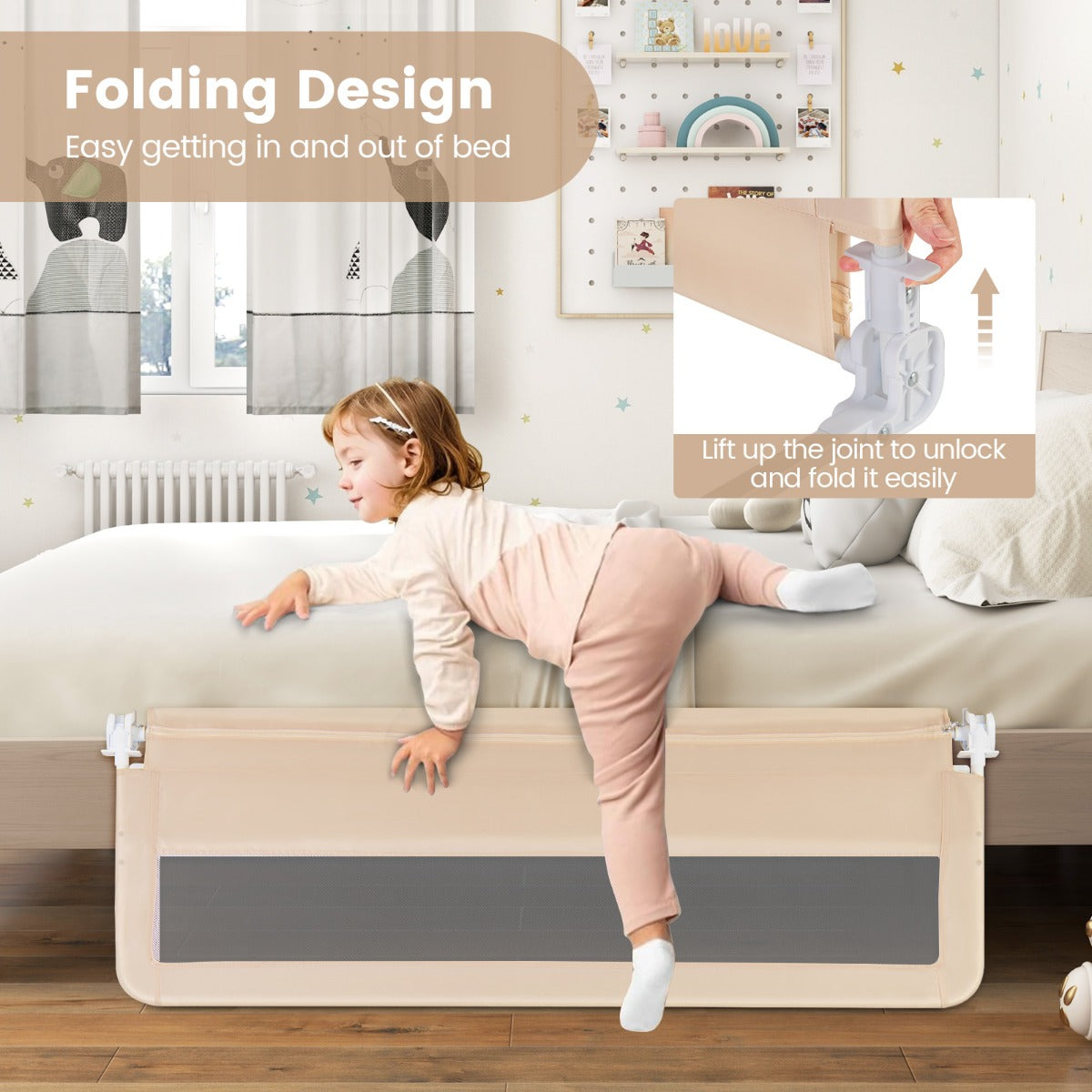 Height Adjustable Bed Rail with Mesh Cloth for Toddlers