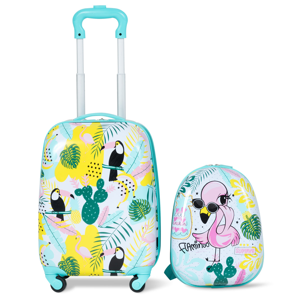 2 Pieces Carry On Luggage Set with Flamingo Pattern for Kids