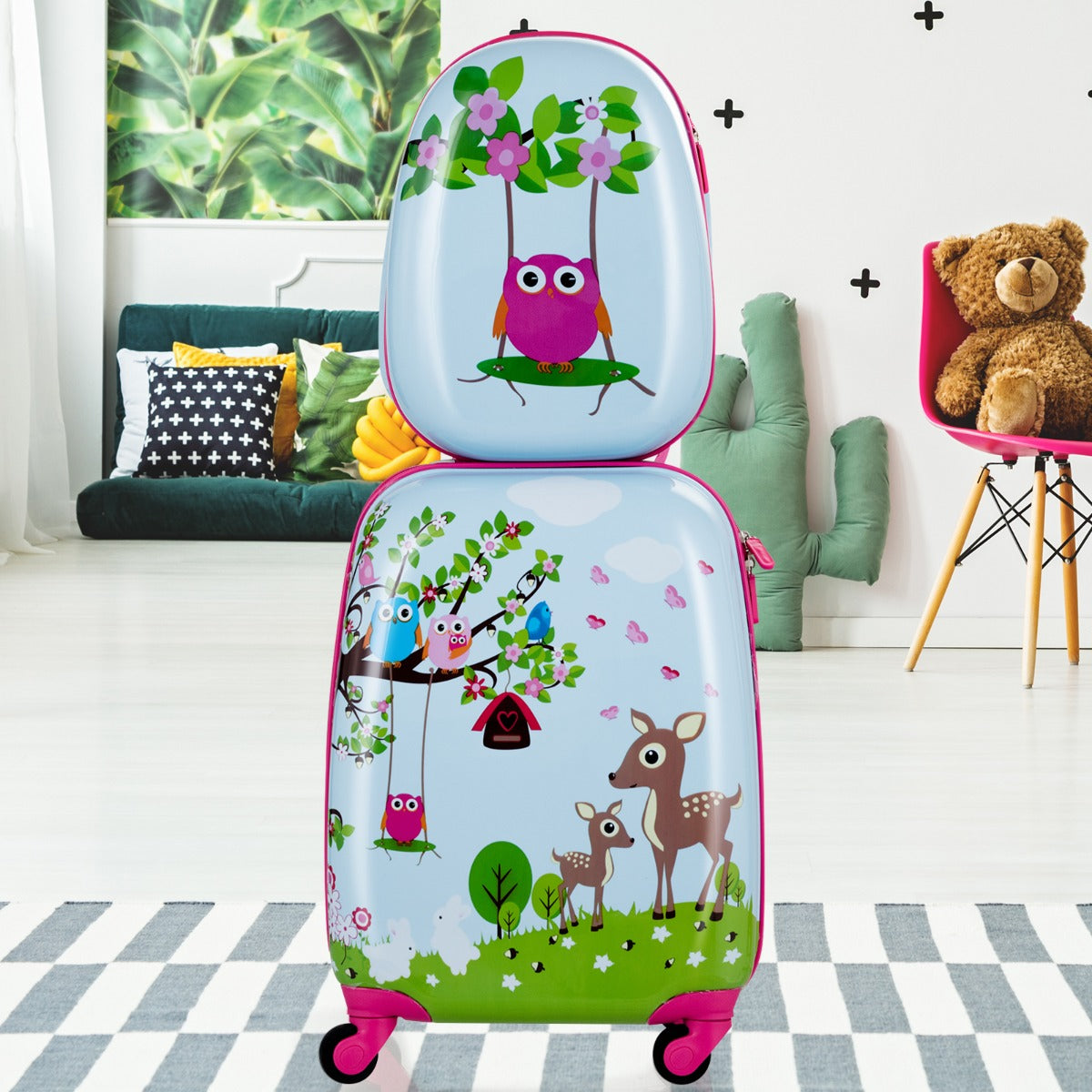 2 Pieces Kids Luggage Set with 4 Casters & Retractable Handle