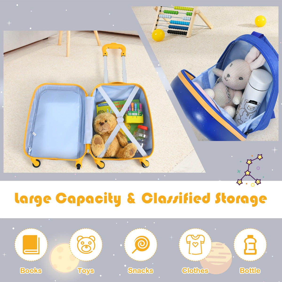 2 Pieces Kids Luggage Set with Extendable Handles for Kids