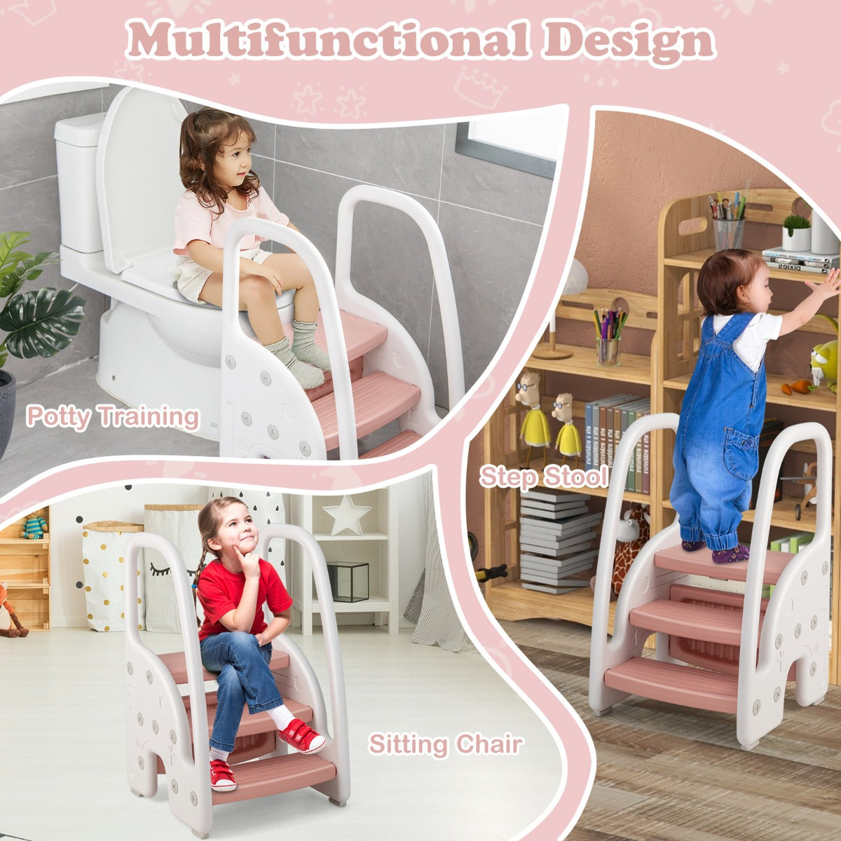 Three-Step Stool with Safety Handles and Non-slip Pedals for Toddlers