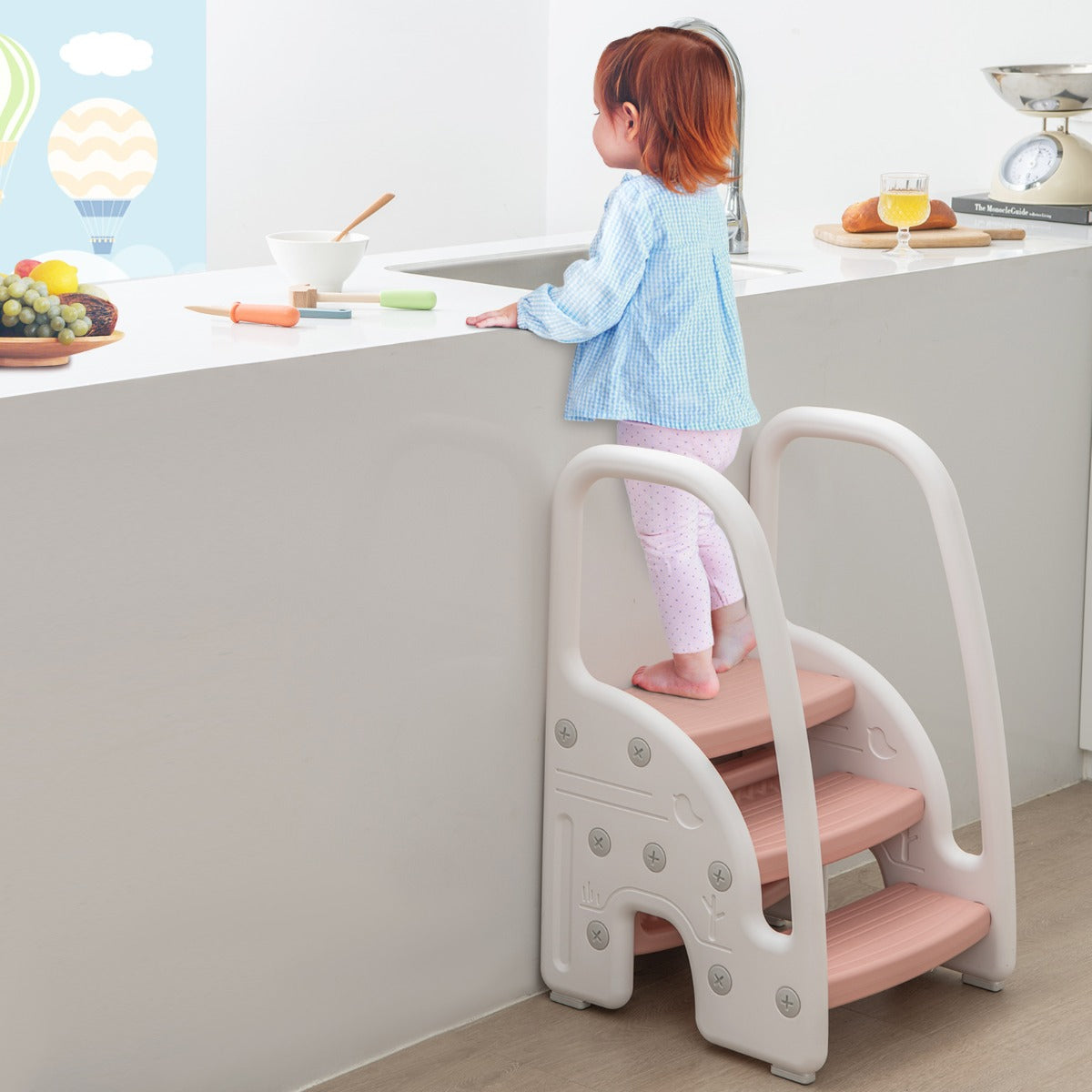 Three-Step Stool with Safety Handles and Non-slip Pedals for Toddlers