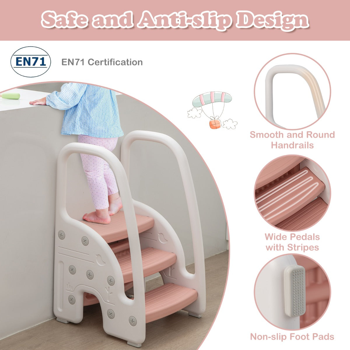 Three-Step Stool with Safety Handles and Non-slip Pedals for Toddlers