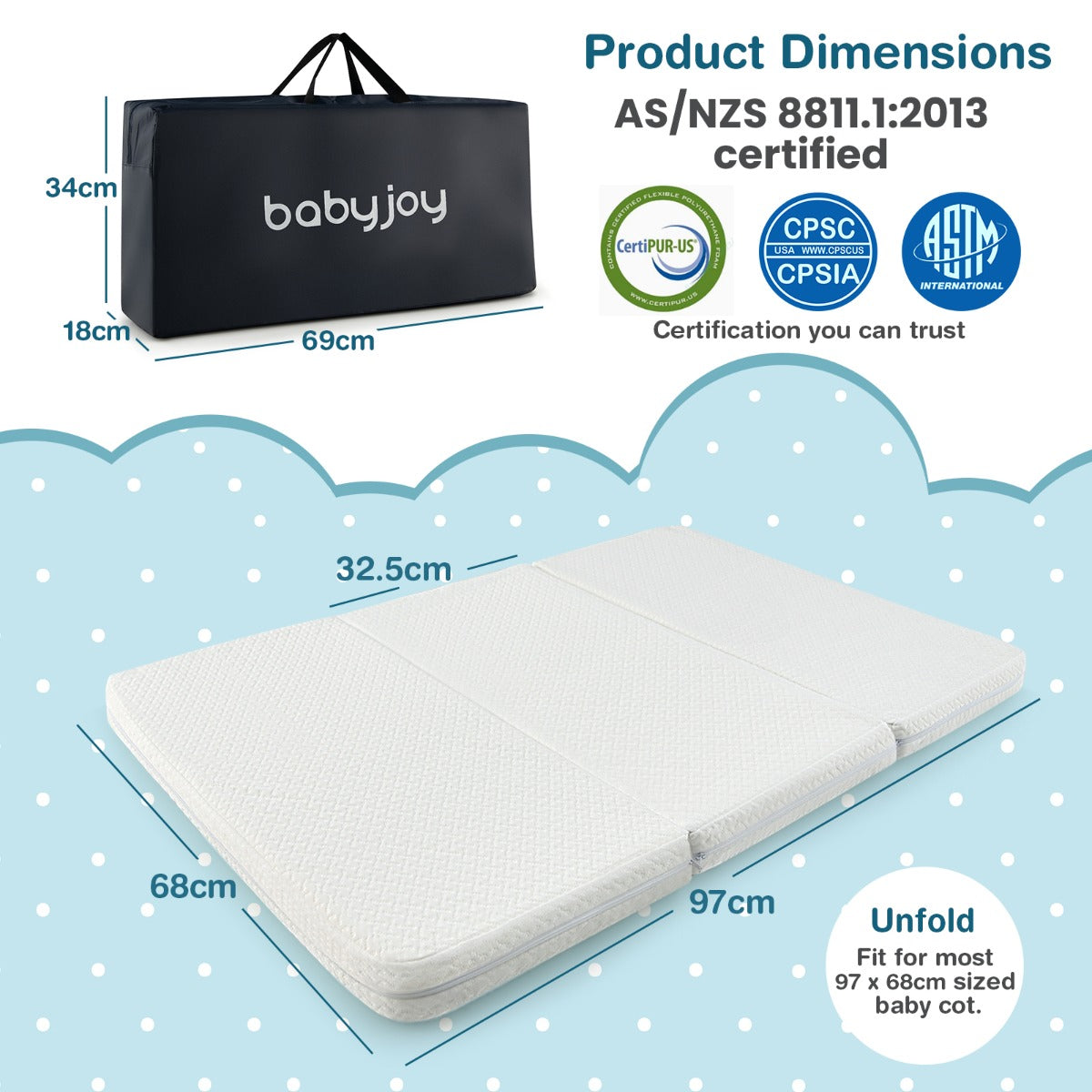 Tri-fold Baby Foam Mattress with Carrying Bag for Travel