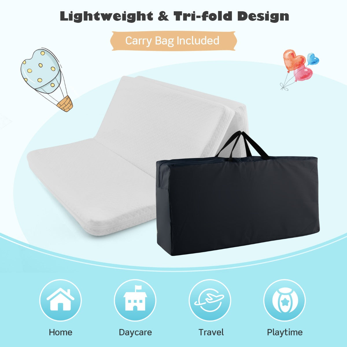 Tri-fold Baby Foam Mattress with Carrying Bag for Travel