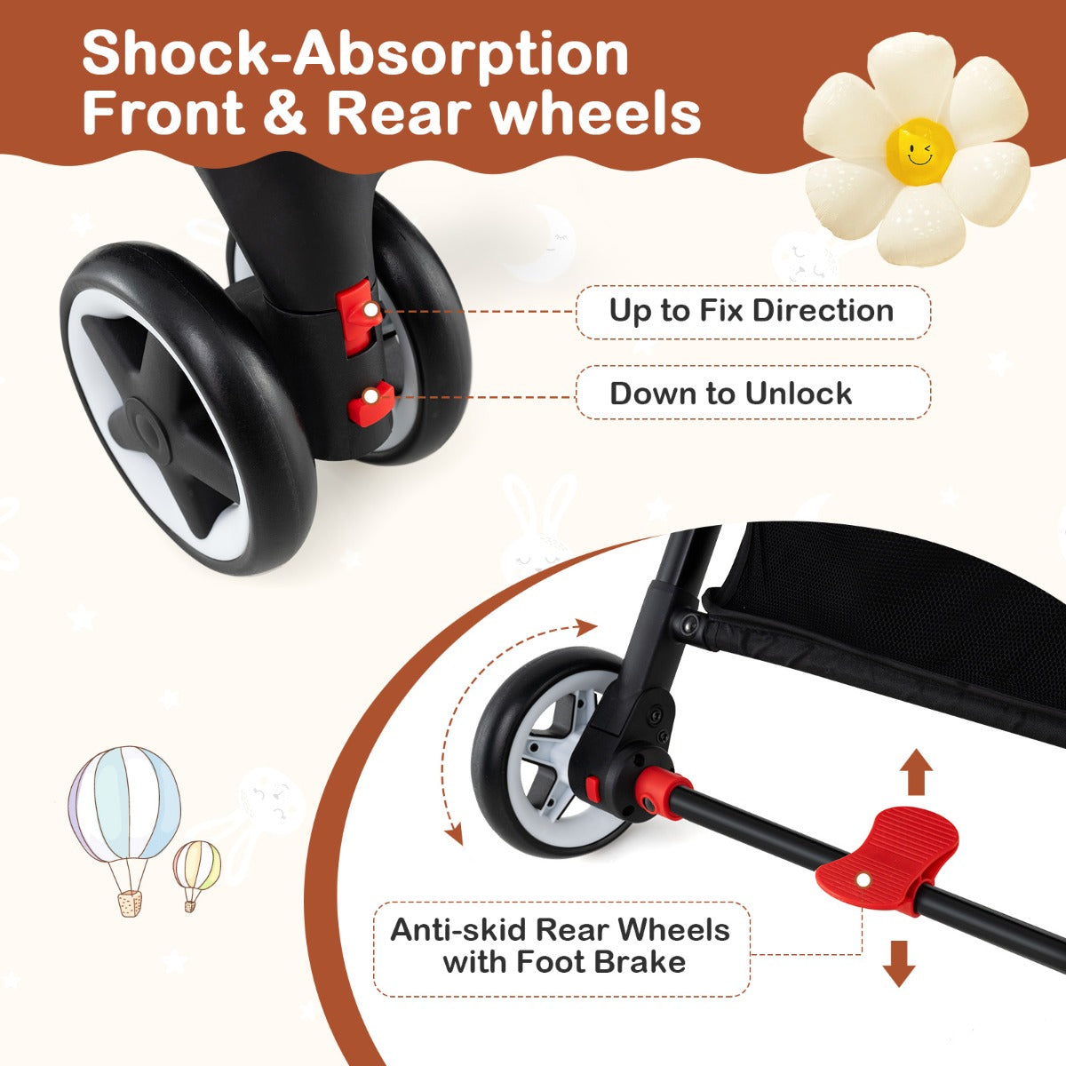 Canopy Stroller with Adjustable 95°- 175° Backrest for Baby