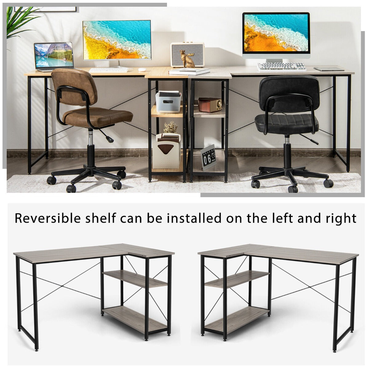 L-Shaped Corner Computer Desk with Adjustable Bookshelf for Office