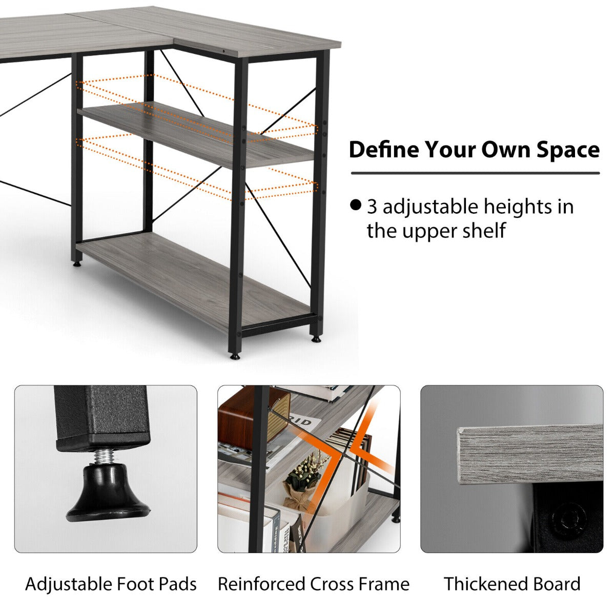 L-Shaped Corner Computer Desk with Adjustable Bookshelf for Office