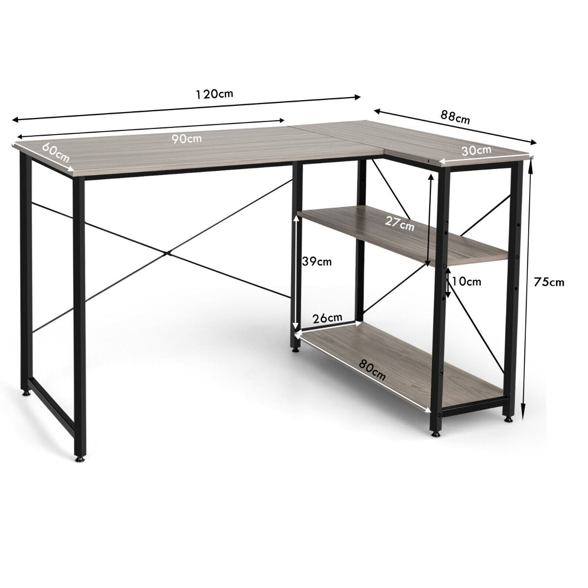 L-Shaped Corner Computer Desk with Adjustable Bookshelf for Office