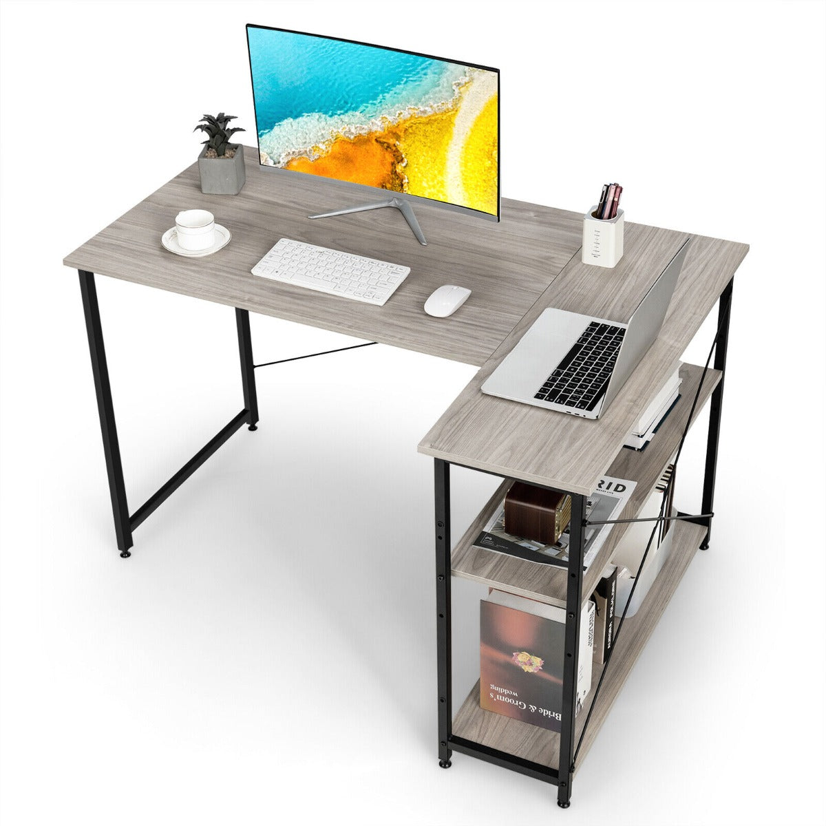 L-Shaped Corner Computer Desk with Adjustable Bookshelf for Office