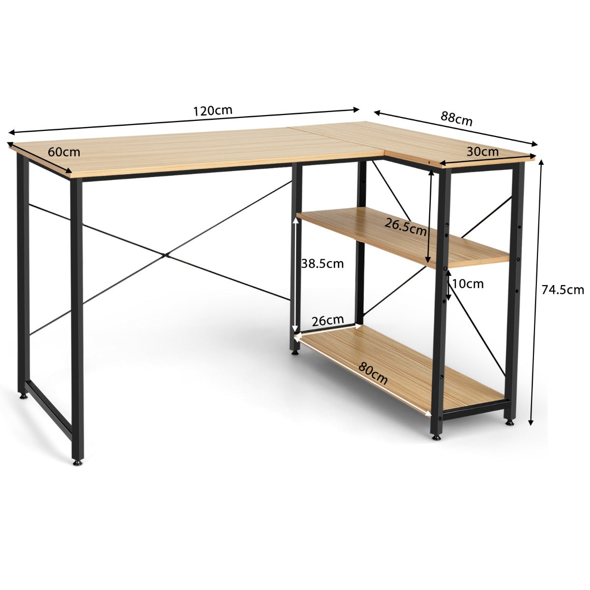 L-Shaped Corner Computer Desk with Adjustable Bookshelf for Office