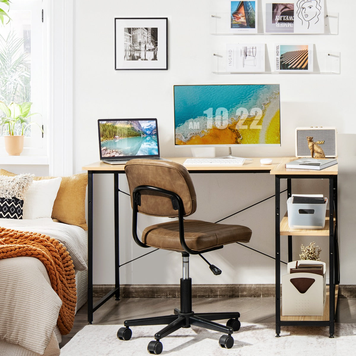 L-Shaped Corner Computer Desk with Adjustable Bookshelf for Office