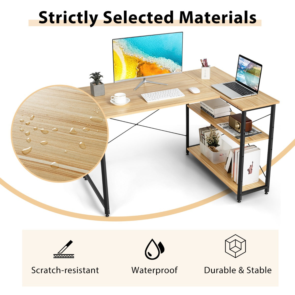 L-Shaped Corner Computer Desk with Adjustable Bookshelf for Office