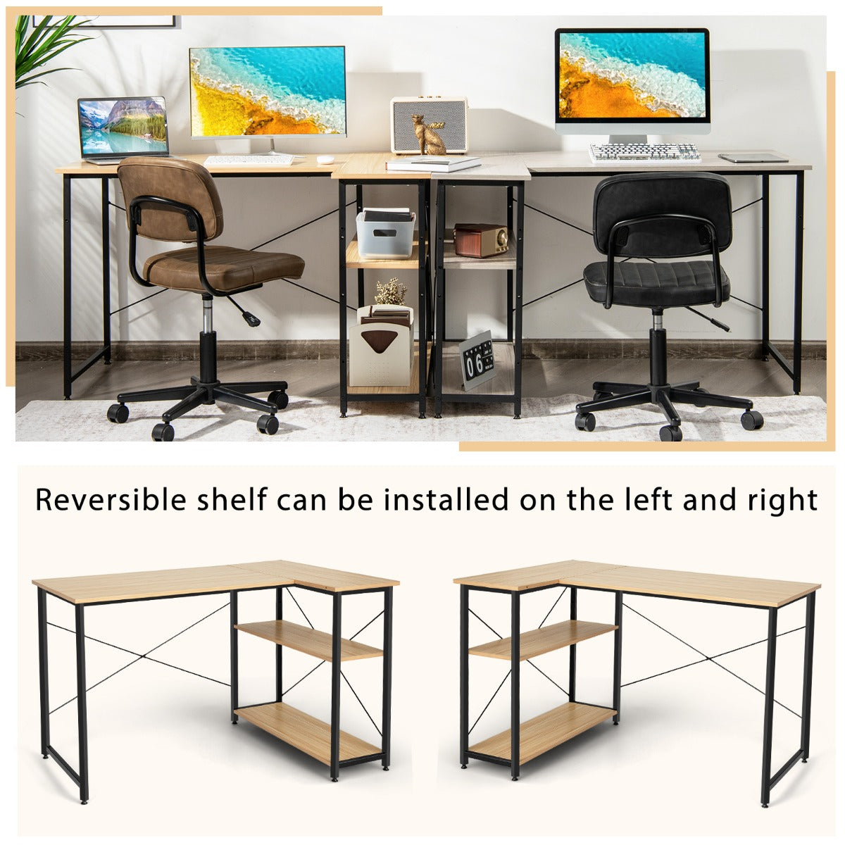 L-Shaped Corner Computer Desk with Adjustable Bookshelf for Office