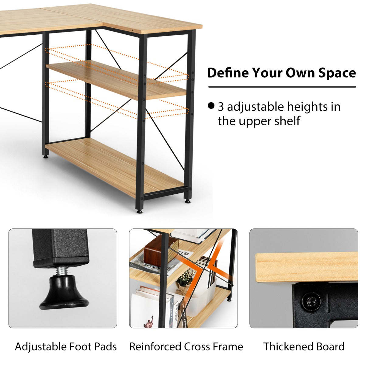 L-Shaped Corner Computer Desk with Adjustable Bookshelf for Office