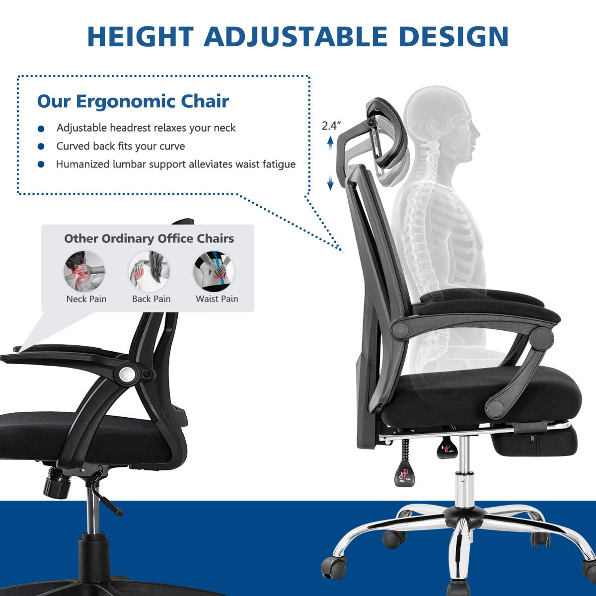 Ergonomic Recliner Mesh Office Chair with Adjustable Headrest for Home Office